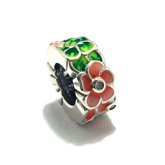 Sterling Silver Bead Charm 925 CZ Peach Green Flowers For DIY Bracelets - Picture 2 of 12